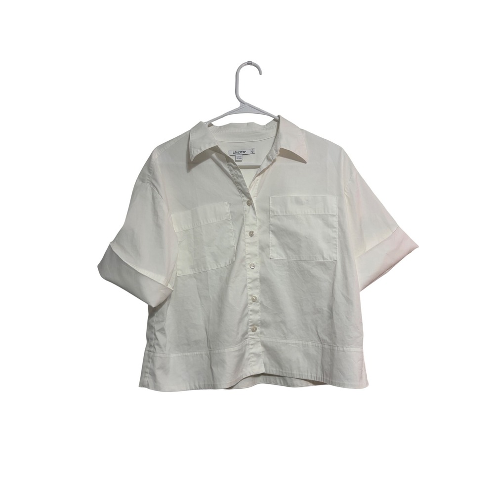 Chico's Button Down Shirt Cropped Short Sleeve White Utility Pockets Size 1 (M)